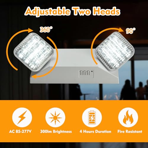 Plug in Emergency Lights for Business Home Power Failure 4Hours 300lm LED Commercial Emergency Light Fixtures with Battery Backup Rechargeable Adjustable Two Heads AC85