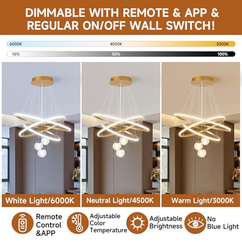 LED Modern 3 Ring Chandeliers 24inch Dimmable Kitchen Pendant Light
