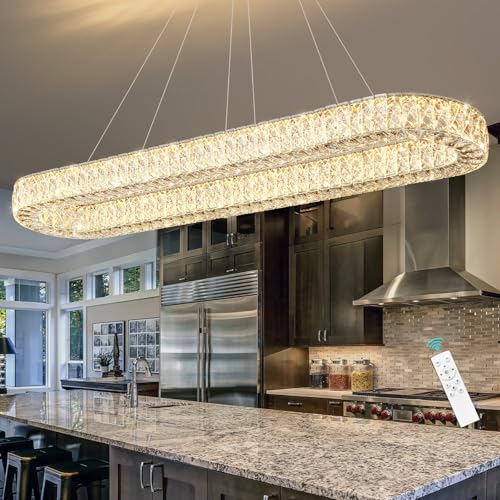 Modern Oval Crystal Chandelier for Dining Room Rectangular Ceiling Light Fixture Dimmable LED Chandeleirs for Living Room Kitchen Island Silver