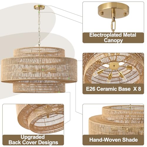 31.5"Large Boho Rattan Farmhouse Chandeliers for Dining Room