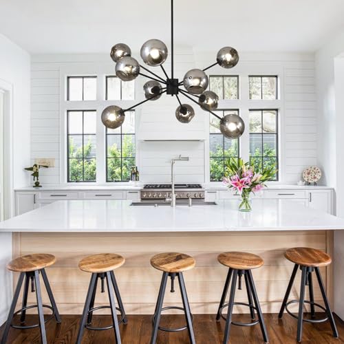 10 Lights Black Sputnik Chandelier Adjustable Modern Large Globe Pendant Hanging Light Mid Century Smoke Grey Glass Sputnik Lights Contemporary Chandelier Dining Room Light Fixtures Over Table