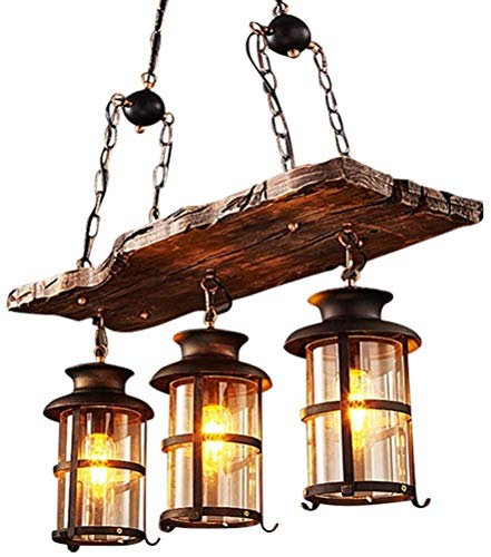 Wood Retro Pendant Lighting Industrial Vintage Chandelier Black Metal Bedroom Restaurant Suspension Lamp Cage Frame with Glass Shade House Loft Bar Coffee Decoration Ceiling Lights Fitting