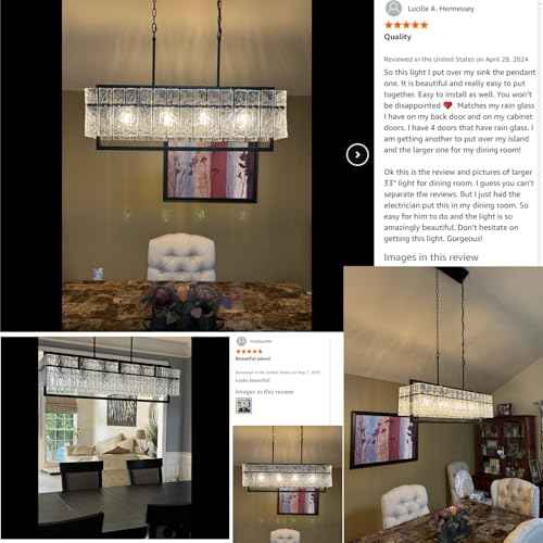 6-Light Black Linear Chandeliers for Dining Room, 42 Inch | Water Ripple Glass, Height Adjustable, E26 Base, Large Black Rectangle Kitchen Island Lighting for Living Room Over Table