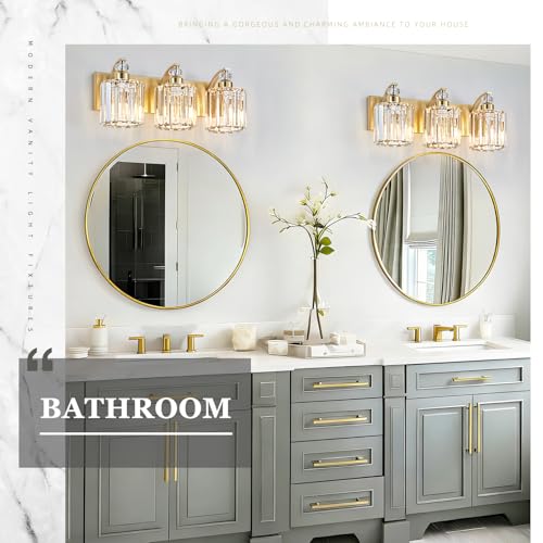 3 Lights Brushed Brass Bathroom Light Fixture Gold Vanity Lights Modern Crystal Bathroom Vanity Lighting Over Mirror Wall Sconce with K9 Crystal Shade E26 Base for Living Room