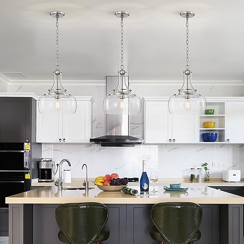 Chandelier Rustic Farmhouse Industrial Round Ceiling Pendant LED Light Fixture Clear Seeded Glass Shade for Dining Room Kitchen Island Foyer Entryway
