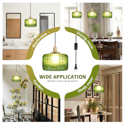 Plug in Pendant Light Green Glass Pendant Lamp Striped Glass Shade Vintage Plug in Ceiling Hanging Lamp 1