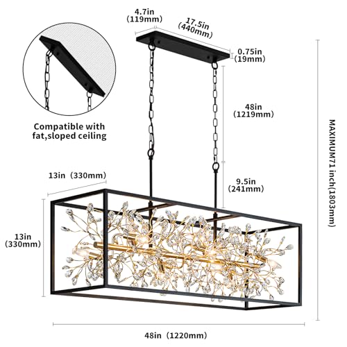 Large Black and Gold Rectangle Crystal Chandelier for Dining Room