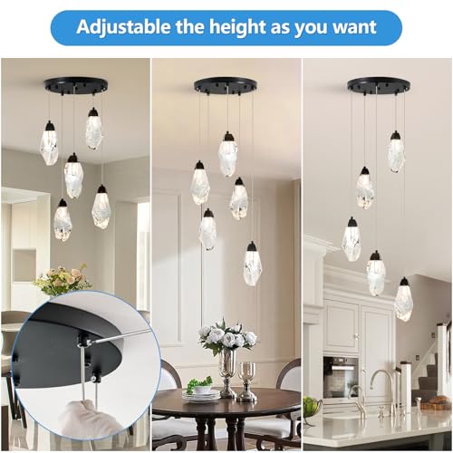 5 Light Black Crystal Chandelier Teardrop Dimmable Pendant Light