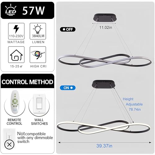 Black Modern Chandelier for Dining Room L39.4inch Dimmable Led Pendant Light for Kitchen Island Height Adjustable with Remote