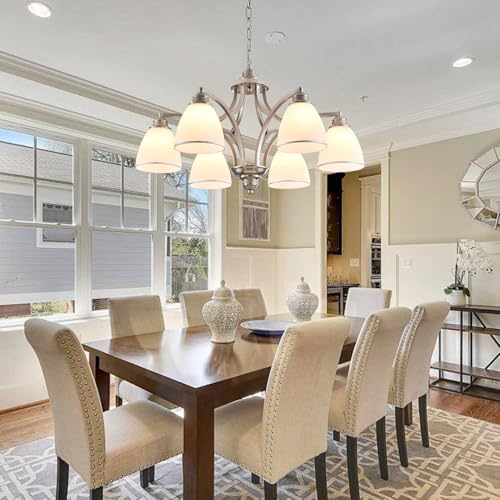 6 Light Brushed Nickel Farmhouse Chandelier for Dining Room with Milk White Frosted Glass Shades Adjustable Max Length 47" Hanging Light Fixtures for Kitchen