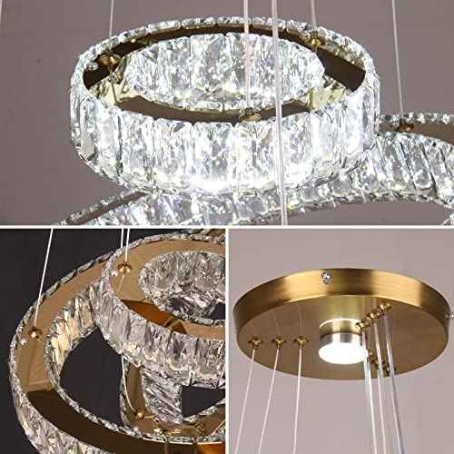 Modern LED Chandeliers Crystal Pendant Light 3 Ring Chandelier Hanging Crystal Ceiling Light Fixture Adjustable Pendant Light for Living Room Dining Room Bedroom Foyer Gold (Cool White)