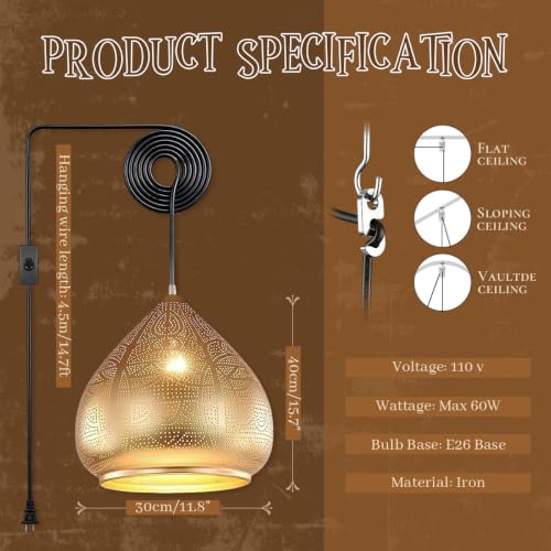 Retro Hanging Pendant Light Plug in Cord Moroccan Hanging Lamp