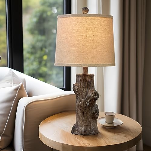 23"Resin Table Lamps for Living Room Set of 2 Country Cottage Farmhouse Lamp for Bedroom Tree Trunk Wood Grain with Oatmeal Fabric Round Shade Vintage Rustic Traditional Nightstand Bedside Lamp
