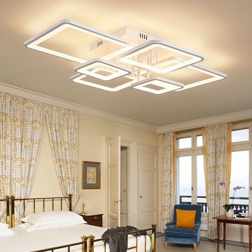 Modern LED Ceiling Lights for Bedroom Dimmable Modern 6 Ring Square Ceiling Lights for Living Room with Remote Control White Bedroom Ceiling Lamp Fixures for Kitchen