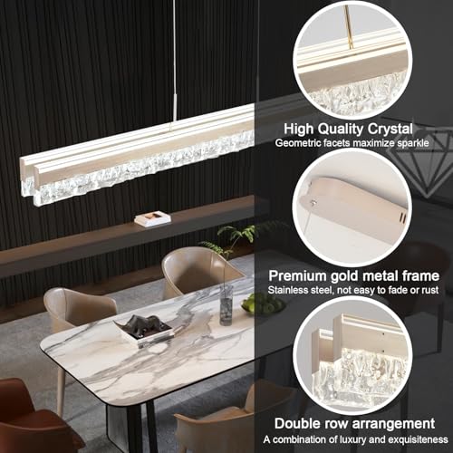 Modern Chandelier Gold Led Crystal Linear Pendant Lights Kitchen Island Lighting Minimalist Dimmable Ceiling Hanging Light Fixture Dining Room with Remote Control