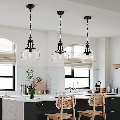 Chandelier Rustic Farmhouse Industrial Round Ceiling Pendant LED Light Fixture with Clear Glass Shades for Dining Room Kitchen Island Foyer Entryway