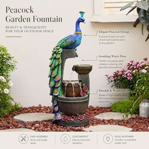 Outdoor Water Fountain 41" H Cascading Peacock Waterfall Fountain with LED Lights & Pump Tiered Water Feature for Garden