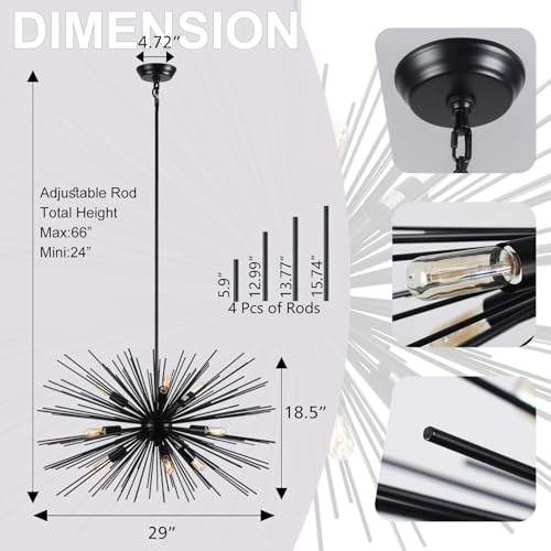 29in 9 Light Black Sputnik Chandelier Large Starburst Modern
