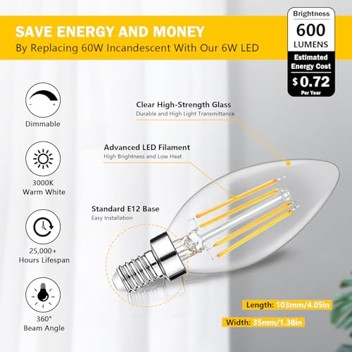 12 Pack Dimmable E12 LED Candelabra Bulbs 60W Equivalent (12 Count)
