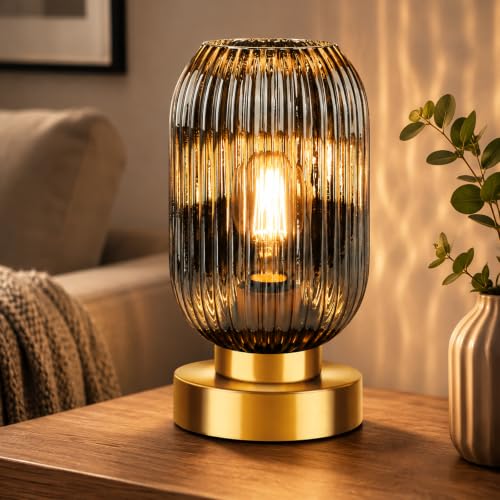 Mid Century Modern Table Lamp with Smoke Grey Ribbed Glass Shade