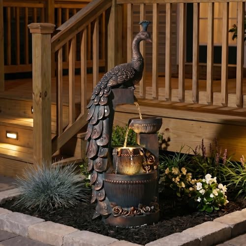 Outdoor Water Fountain 41" H Cascading Peacock Waterfall Fountain with LED Lights & Pump Tiered Water Feature for Garden