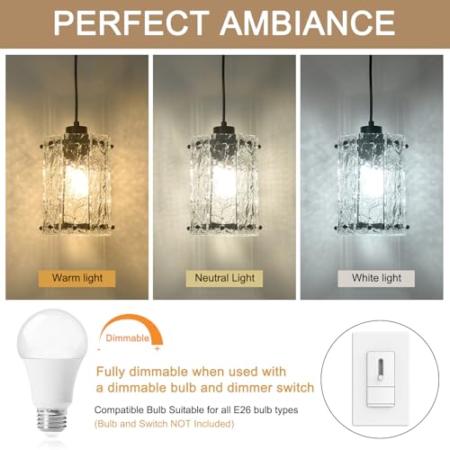 Black Pendant Lights Kitchen Island 2 Pack Modern Water Ripple Glass Pendant Lights Fixtures Round Adjustable Hanging Pendant Lighting for Kitchen Island Dining Room Over Sink Table Entryway (2 Count)