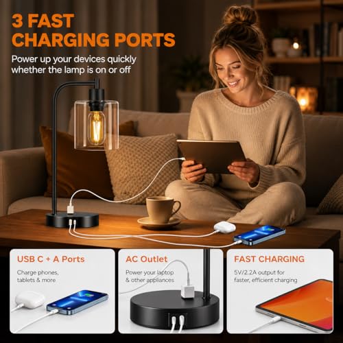 Set of 2 Industrial Touch Control Table Lamps with USB C+A Ports and AC Outlet (2 Count)