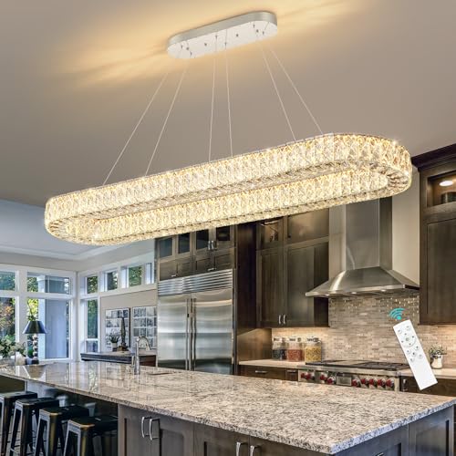 Modern Oval Crystal Chandelier for Dining Room Rectangular Ceiling Light Fixture Dimmable LED Chandeleirs for Living Room Kitchen Island Silver