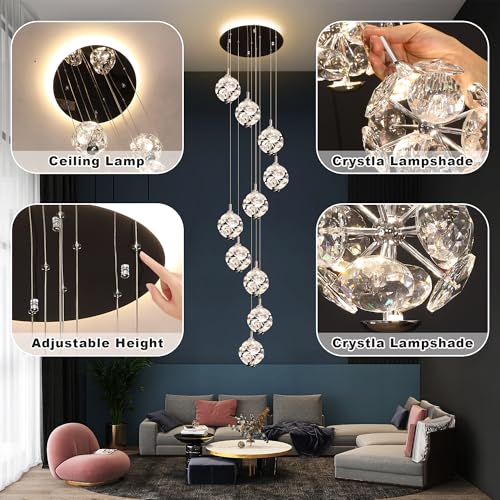 10 Light High Ceilings Long Chandeliers Modern Crystal Staircase Chandelier Hanging Flush Mount Lighting Fixtures Long Raindrop Hanging Chandeliers for Staircase (127 Count)