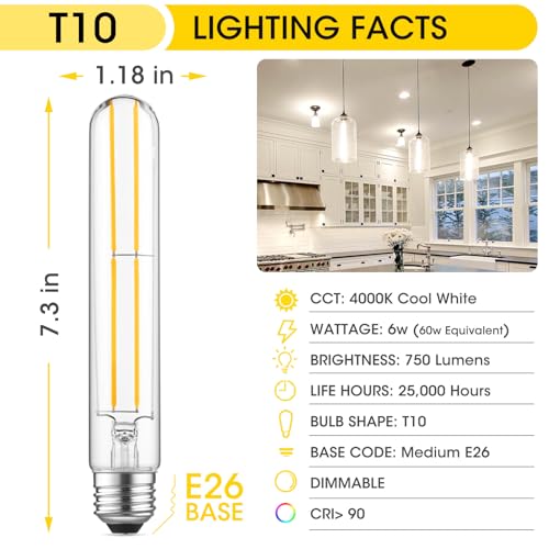 T10 LED Bulb 6W Equal E26 LED Bulb 60 Watt Dimmable Cool White 4000K E26 Edison Bulb AC120V 750lm Tubular Light Bulb T10 for Rustic Pendant (6 Count)
