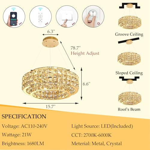 LED Chandeliers for Dining Room LED Dimmable Pendant Lights for Kitchen Island Crystal Adjustable Chandelier for Bedroom Hallway Entrance 16" Gold Light