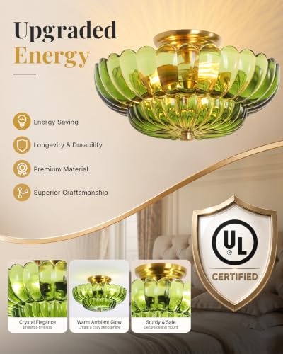 Semi Flush Mount Ceiling Light Fixture 14" Vinatge Gold Ceiling Lights Mid Century Modern Green Glass Close to Ceiling Lighting Fixtures for Bedroom Hallway Kitchen Laundry Room Bathroom