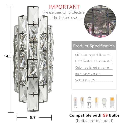 Polished Chrome K9 Crystal Wall Sconce with Touch Switch