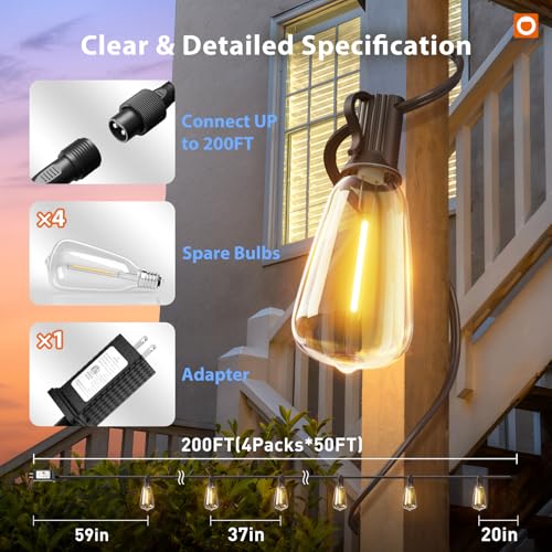 196(49FT*4) Outdoor String Lights with APP LED Edison Waterproof (196 Foot)