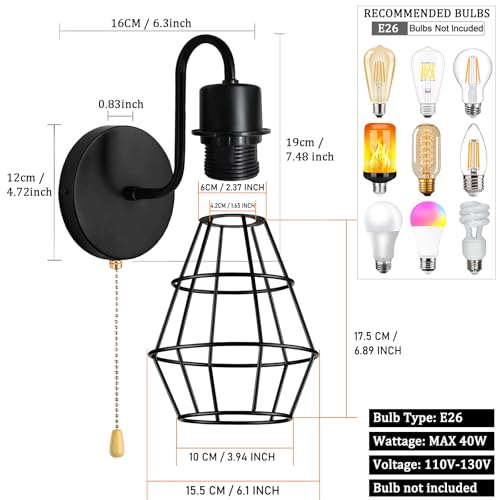 2 Pack Wire Cage Hardwire Wall Sconce with Pull Chain Switch (2 Count)