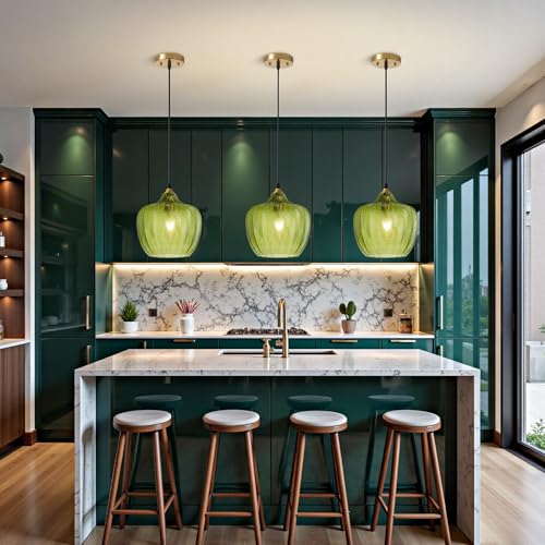 Green Glass Pendant Lights Kitchen Island Gold Hanging Ceiling Light 9.45"