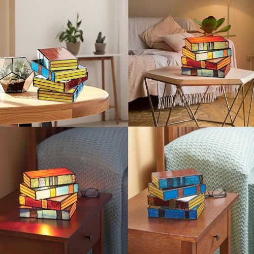 RERUICO Stained Glass Stacked Books Lamp Vintage Desk Lamp Small Reading Book Lamp Decor Stained Glass Nightlight