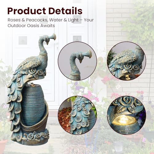 Peacock Outdoor Water Fountain 32" H Cascading Waterfall Fountain with LED Lights & Pump Tiered Water Feature for Garden