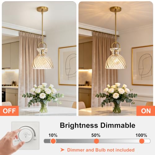 Gold Pendant Light Kitchen Island 9.84'' Striped Amber Glass Shade (2 Count)