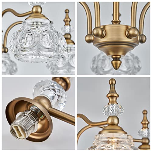 Vintage 5 Lights Gold Glass Pendant Lighting Rustic Style Chandelier Matte Brushed Antique Brass Finish with Crystal Glass Shade for Kitchen Island
