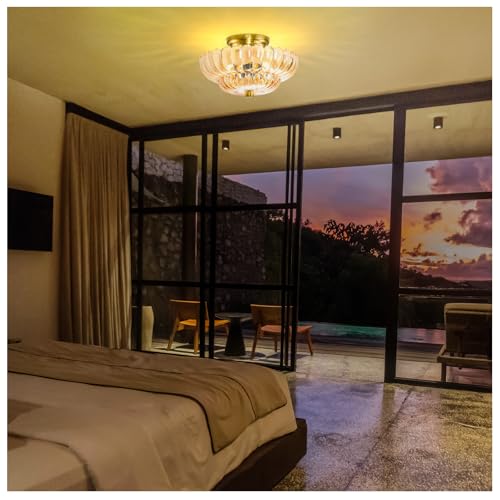 Semi Flush Mount Ceiling Light Fixture 11.8" Vinatge Gold Ceiling Lights Mid Century Modern Glass Close to Ceiling Lighting Fixtures for Bedroom Hallway Foyer Bathroom Kitchen Entryway
