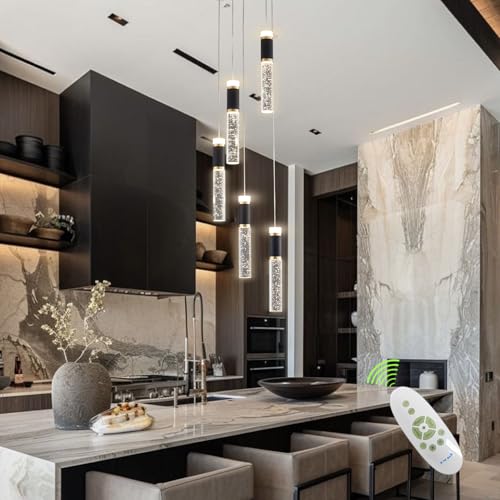 5 Light Modern LED Pendant Light for Kitchen Island Lighting Dimmable Dining Room Chandelier Light Fixture Bubble Crystal Ceiling Hanging Lights 3000K