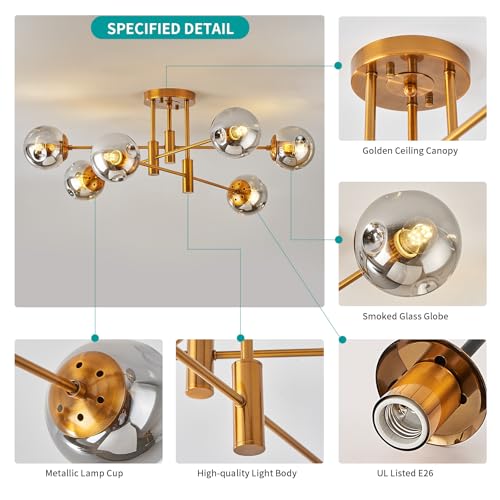 6 Lights Gold Sputnik Ceiling Light Fixture Modern Globe Glass Chandelier