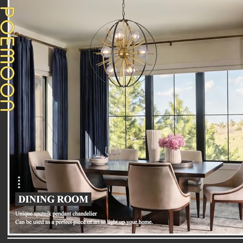 24" 9 Light Black Gold Sputnik Chandeliers with Smoke Glass Shade