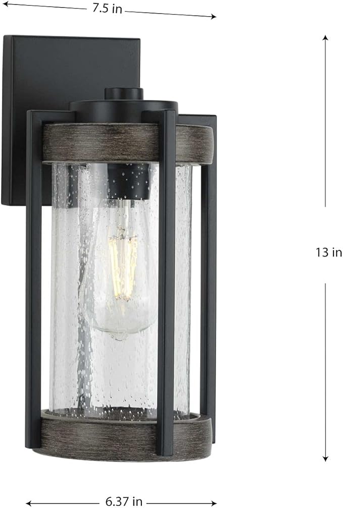 Whitmire Collection 1-Light Clear Seeded Glass Light Aged Oak Accents Farmhouse Outdoor Wall Lantern Light Matte Black
