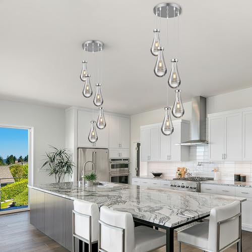 Raindrop Pendant Lights Kitchen Island Teardrop Chrome Hanging Light Fixtures Clear Solid Glass Pendant Light Modern Chandeliers for Dining Room Porch Corridor Living Room (5 Count)