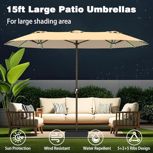 15FT Large Rectangular Patio Umbrella with Solar Lights