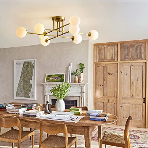 8 Light Globe Flush Mount Ceiling Light Milk Glass Ball Sputnik Chandelier Mid Century Brushed Gold Semi Flush Mount Ceiling Light Fixture Living Room Ceiling Lamp