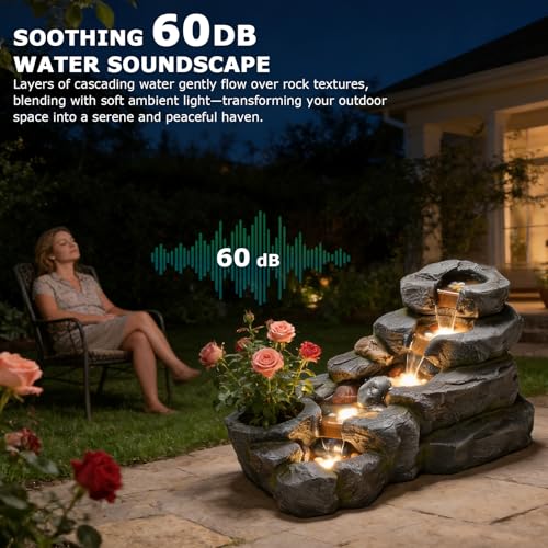 38.2" L Garden Water Fountain Outdoor Waterfall with LED Light