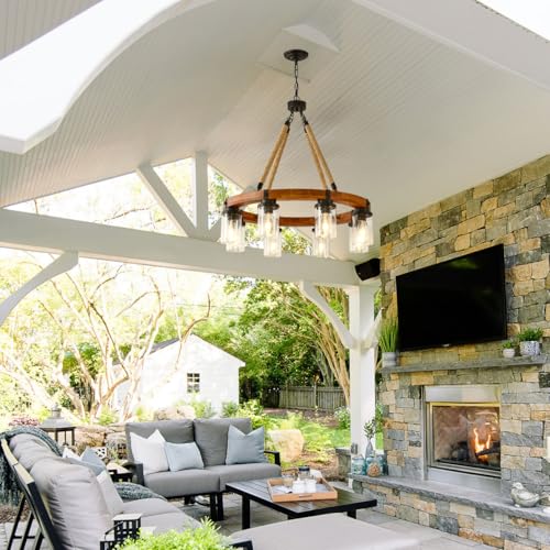 9 Light Round Wagon Wheel Chandelier Farmhouse Rustic Pendant Light Fixture with Seeded Glass Shades